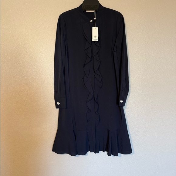 NWT Tory Burch Jane Ruffle Crepe Shirt Dress, Navy Blue, Luxury, size 12 - Picture 6 of 10